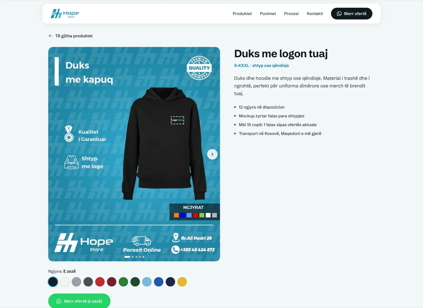 Product page — colors, specs & one-tap order